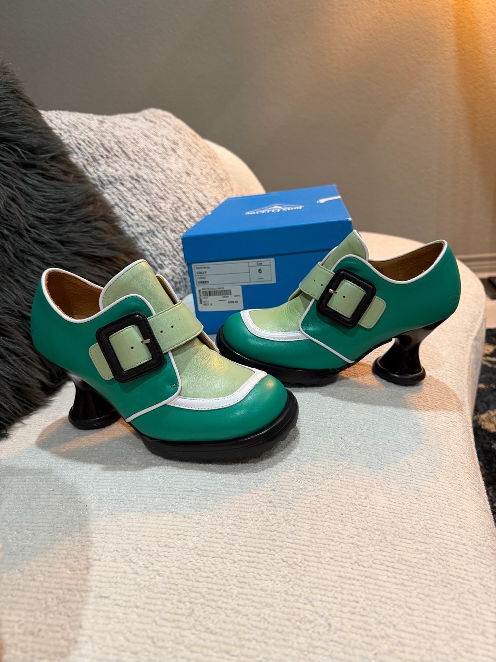 John Fluevog Two-Tone Green Buckle Heels